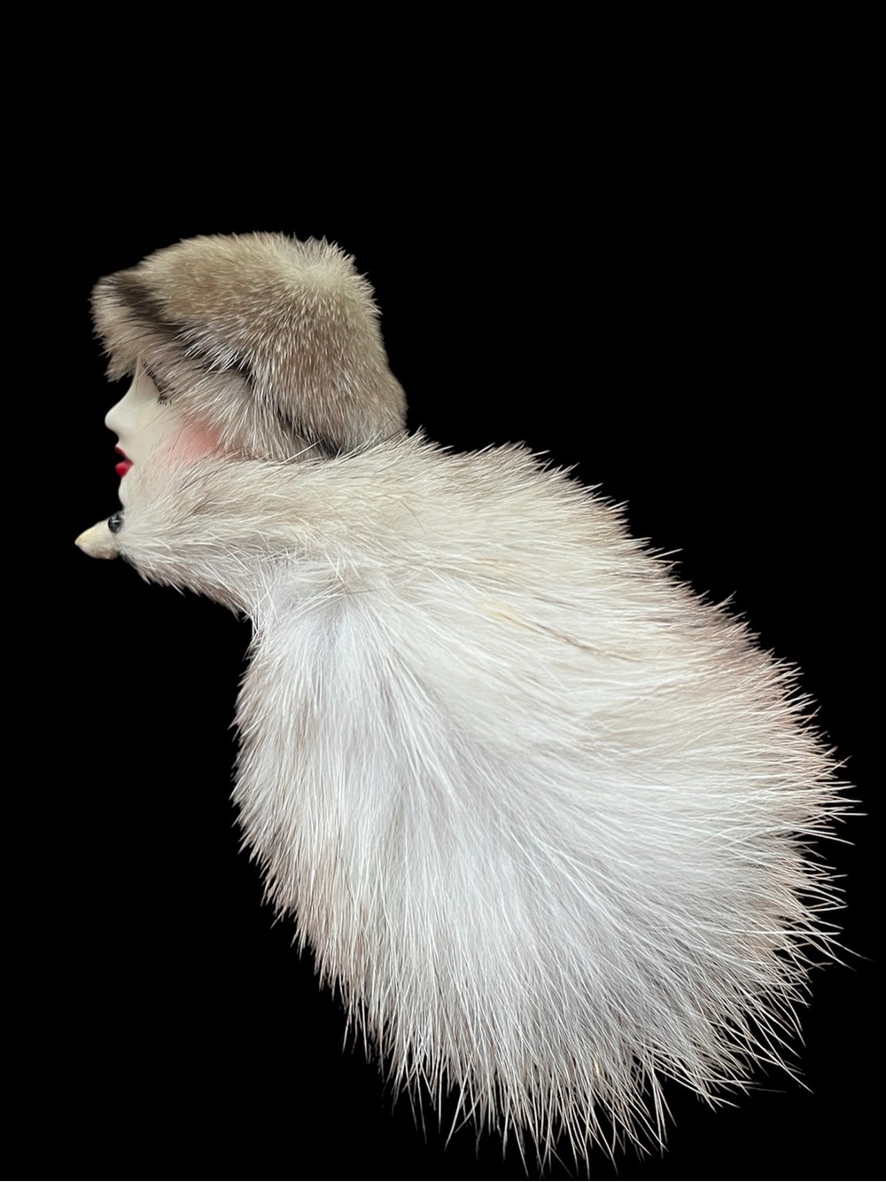 Vintage Ceramic Woman Wearing Mink Real Fur Brooch Lady Face Art Deco Painted